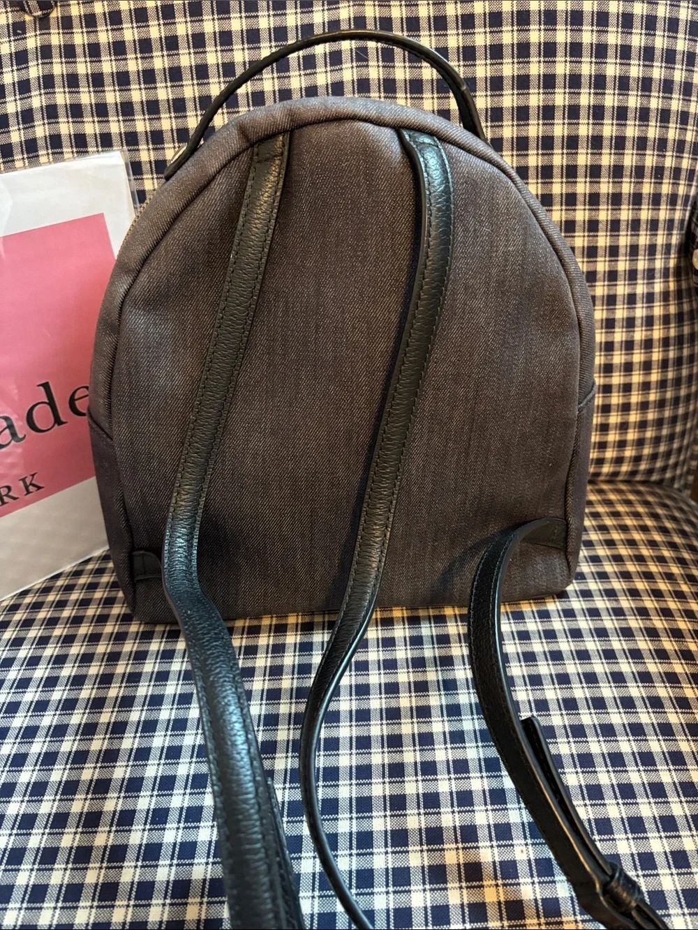 kate spade Grove Street Poppy Dark Denim Mini Backpack with Red Floral Appliqués